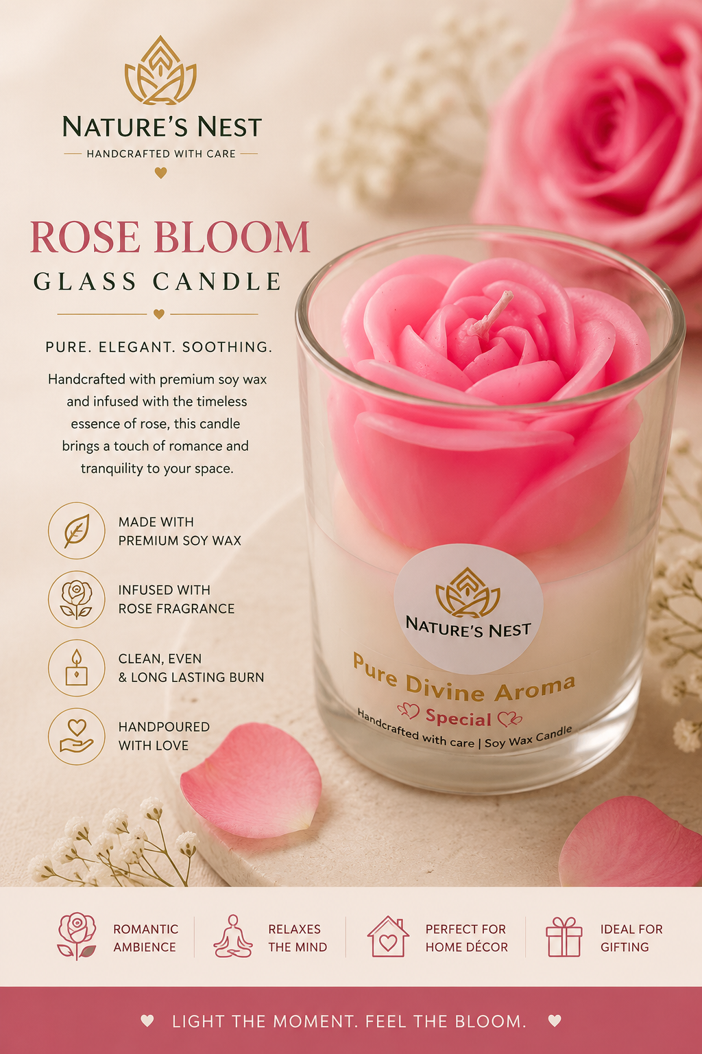 Rose bloom glass candle